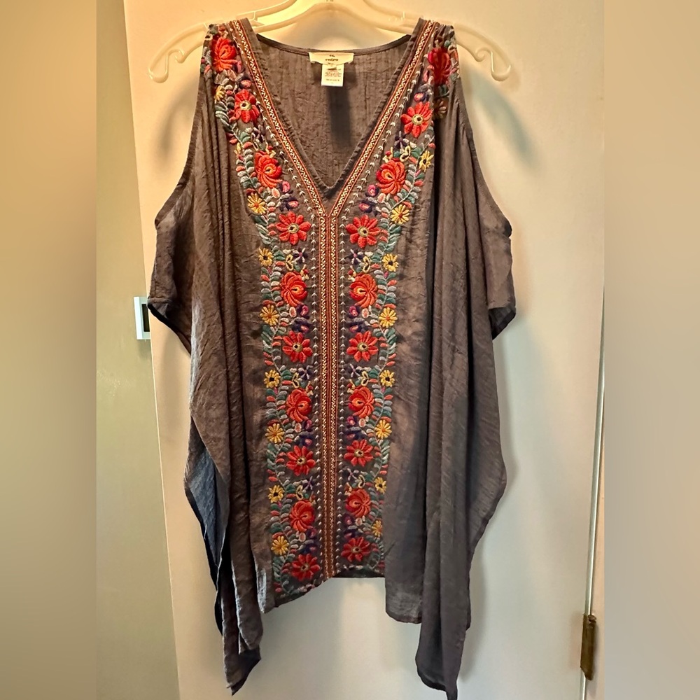 Entro Cold-Shoulder Tunic with Multicolor Floral Embroidery